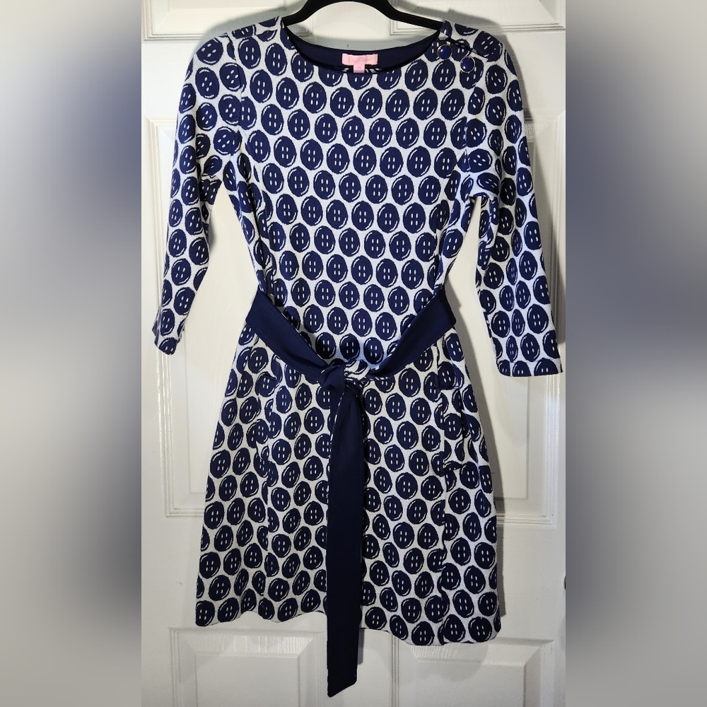*RARE* Lilly Pulitzer Blue White Buttons Print Belted Sweater Jonah Dress Wome…